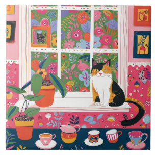 Carreau Chat calicot sur l'appui de fenêtre Pop Art