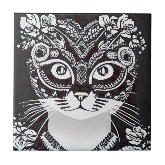 Carreau Chat dans un Masque Mardi Gras noir et blanc (Devant)