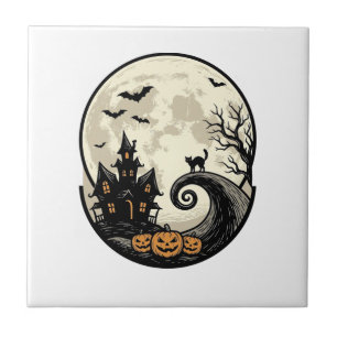 Carreau Chat de Halloween Vintage Maison Hantée Lune Vecte