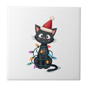 Carreau Chat de Noël Smoking chat noir de Noël lumières mi