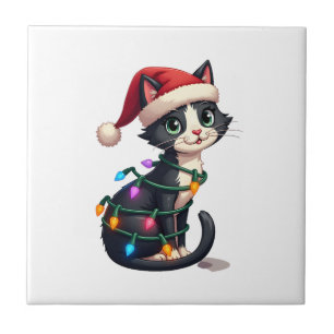 Carreau Chat de Noël Smoking chat noir Noël lumières minou