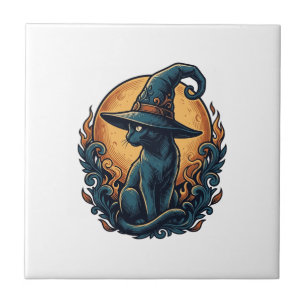 Carreau Chat de sorcière vintage lune Halloween Art vector