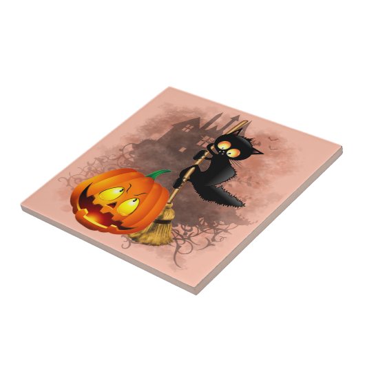 Carreau Chat effrayé par Citrouille Fun Halloween caractèr (Côté)