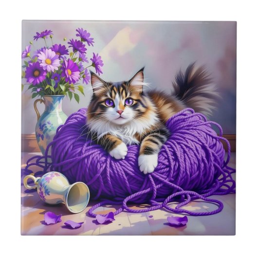 Carreau Chat en fil violet et fleurs (Devant)