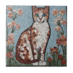 Carreau Chat en mosaïque carrelée dans le jardin fleuri