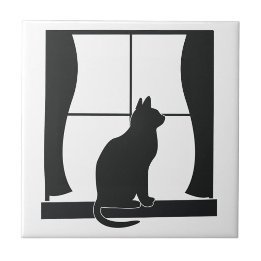 Carreau Chat en silhouette se reposant à la fenêtre (Devant)