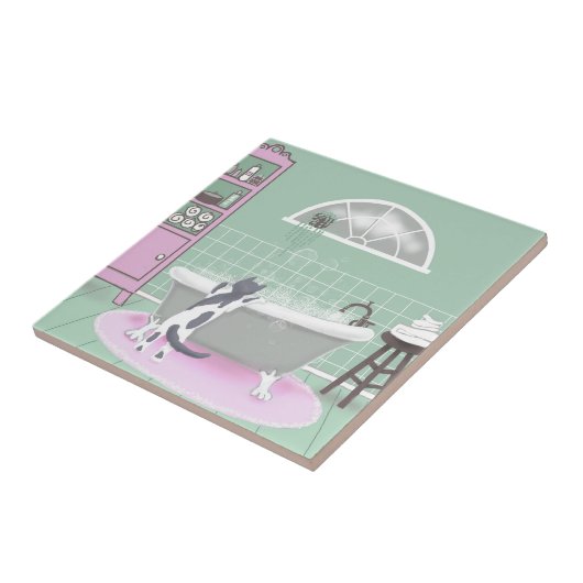 Carreau Chat et bulle Bain rose Sage Art (Côté)