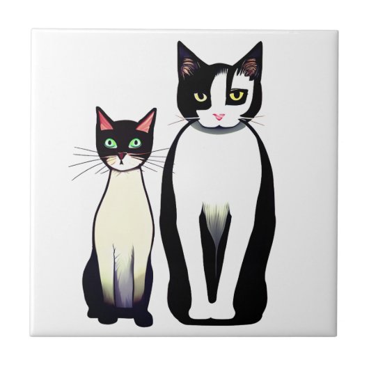 Carreau Chat et chaton noir et blanc rétro moderne (Devant)