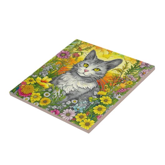 Carreau Chat et Fleurs Whimsical (Côté)