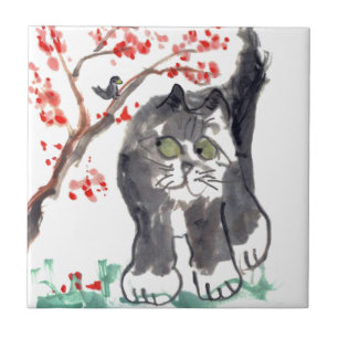 Carreau Chat et oiseau de fleurs de cerisier