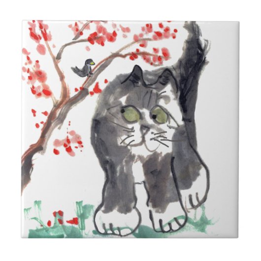 Carreau Chat et oiseau de fleurs de cerisier (Devant)