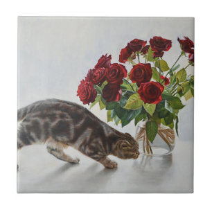 Carreau Chat et roses rouges – Impression réaliste d'une p