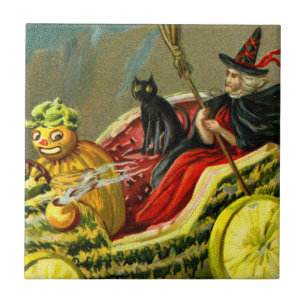 Carreau Chat et sorcière vintage d'Halloween noir