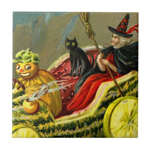 Carreau Chat et sorcière vintage d'Halloween noir (Devant)