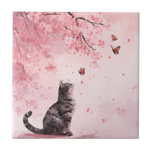 Carreau Chat Fleur de Cerisier et Papillons (12) (Devant)