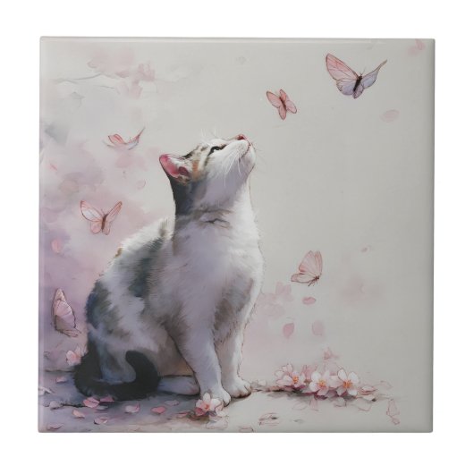 Carreau Chat Fleur de Cerisier et Papillons (13) (Devant)
