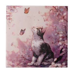Carreau Chat Fleur de Cerisier et Papillons (2)