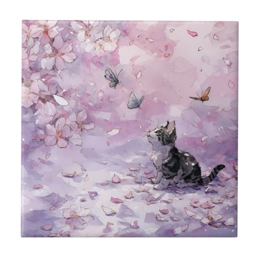 Carreau Chat Fleur de Cerisier et Papillons (5) (Devant)