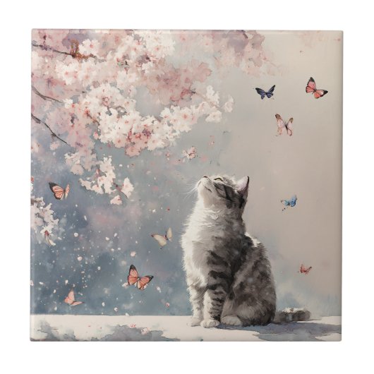 Carreau Chat Fleur de Cerisier et Papillons (6) (Devant)