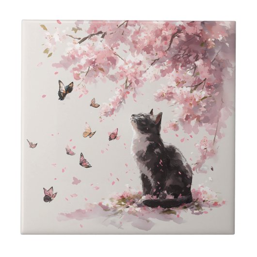 Carreau Chat Fleur de Cerisier et Papillons (9) (Devant)