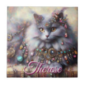 Carreau Chat gris aux cheveux longs avec bijoux pierres pr (Devant)