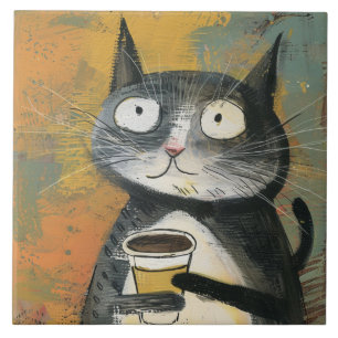 Carreau Chat gris avec café sur ocre