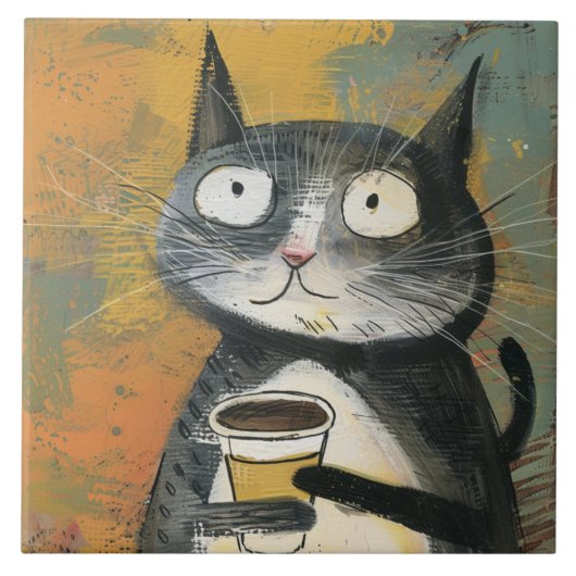Carreau Chat gris avec café sur ocre (Devant)