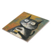 Carreau Chat gris avec café sur ocre (Côté)