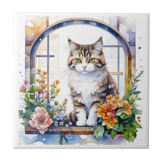 Carreau Chat Kitty en fenêtre de fleurs (Devant)