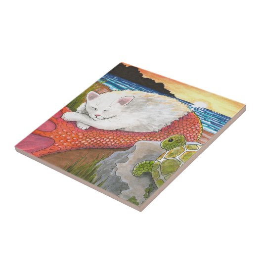 Carreau Chat Mermaid 26 Merkitty sur la plage avec tortue (Côté)