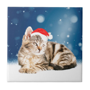 Carreau Chat mignon portant chapeau de Noël rouge neige