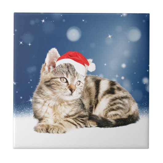 Carreau Chat mignon portant chapeau de Noël rouge neige (Devant)