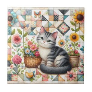 Carreau Chat mignon sur courtepoint florale Cottagecore
