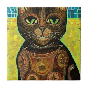 Carreau Chat mosaïque marocaine art abstrait marron chatte