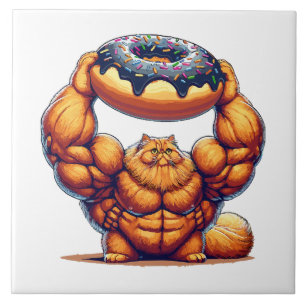 Carreau Chat Musclé Soulevant un Beignet