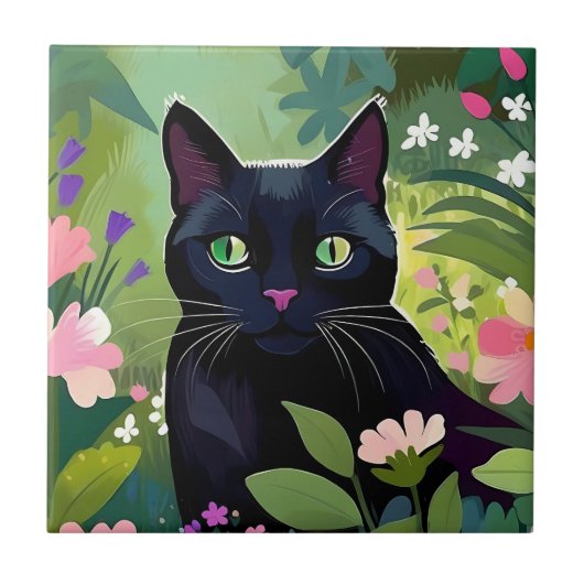 Carreau Chat noir assis dans un champ de fleurs (Devant)
