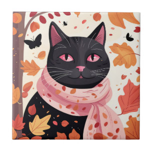 Carreau Chat noir aux yeux roses portant une écharpe