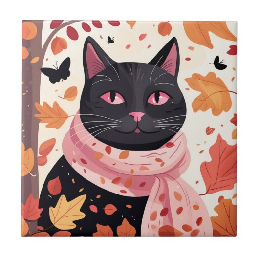 Carreau Chat noir aux yeux roses portant une écharpe (Devant)