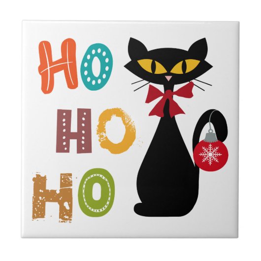 Carreau Chat noir avec design de texte Ho Ho Ho (Devant)