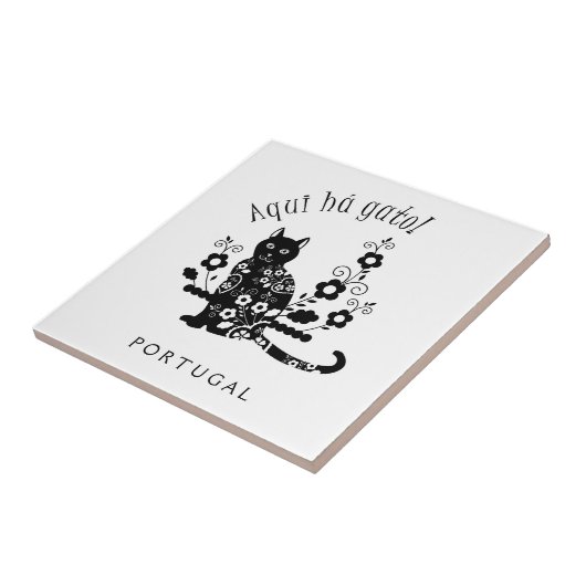 Carreau Chat noir avec fleurs et expression portugaise (Côté)