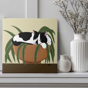 Carreau Chat noir blanc Plante drôle