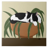 Carreau Chat noir blanc Plante drôle (Devant)