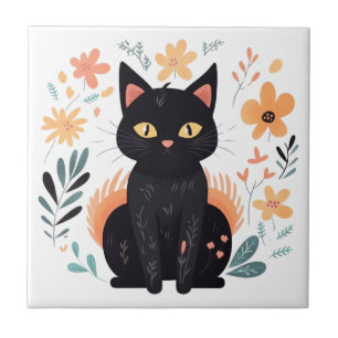 Carreau Chat noir Boho Art populaire scandinave