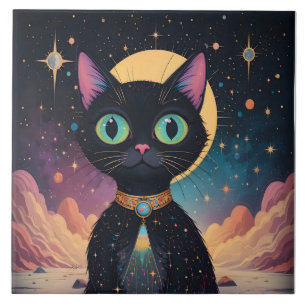 Carreau Chat noir cosmique futuriste atomique au clair de