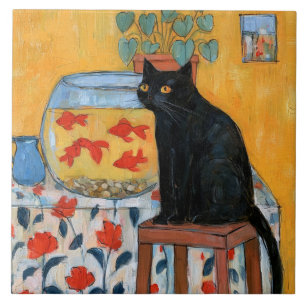 Carreau Chat noir curieux regardant un aquarium