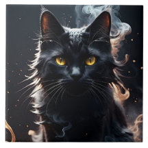 Chat noir dans un brouillard de fumée