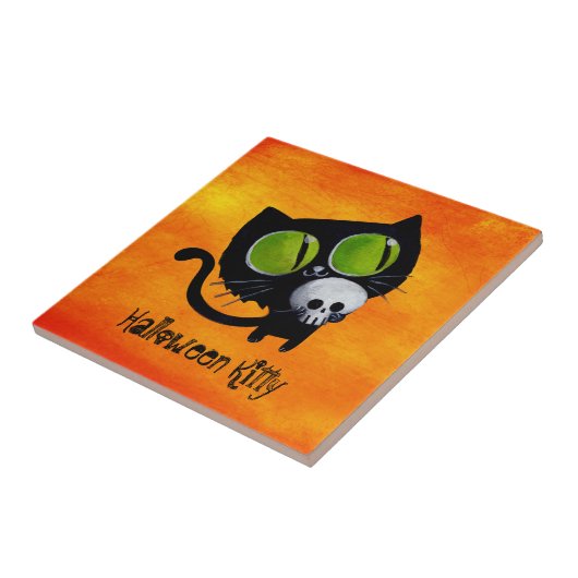 Carreau Chat noir de Halloween avec le crâne (Côté)