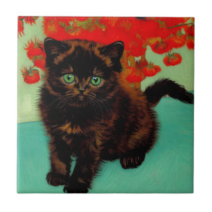 Carreau Chat noir de Van Gogh Fleurs rouges