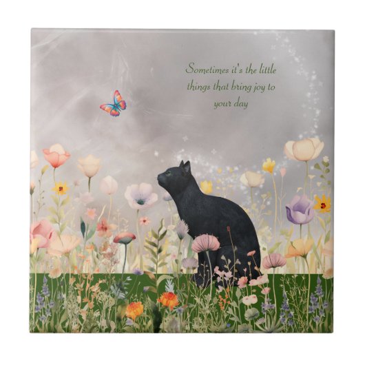 Carreau Chat noir en fleurs (Devant)