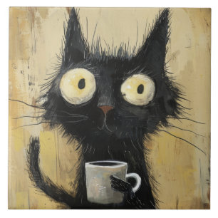 Carreau Chat noir énervé avec du café sur fond marron grun